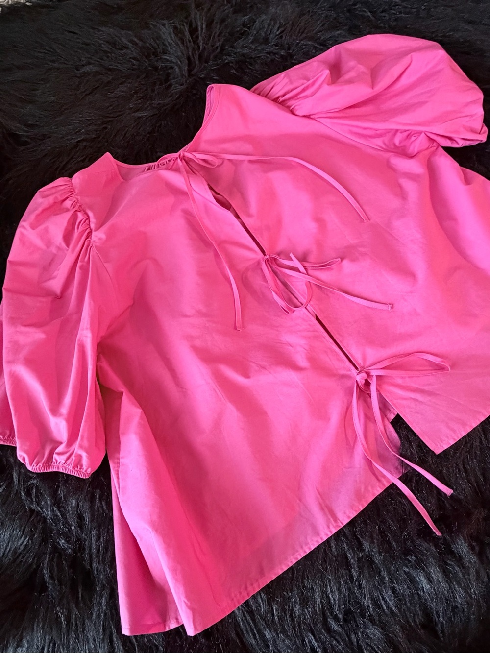 H&M Hot Pink Tie-Back Puff Sleeve Blouse